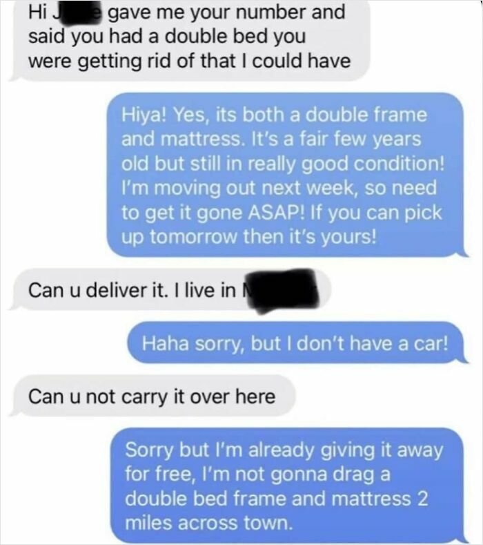 A conversation about a free double bed, highlighting outrageous requests for delivery and how money works.