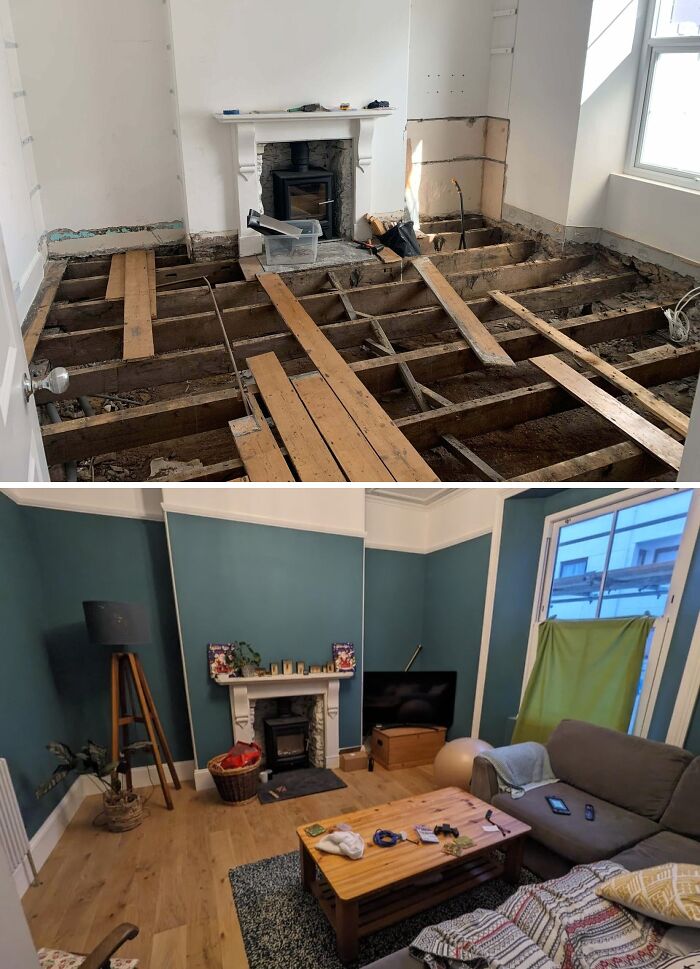 Before and after renovation of a living room with new flooring, a prime example of home renovation.