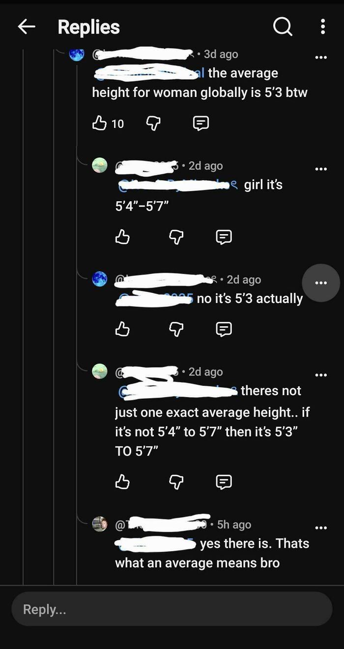 A moment of people being wrong with full confidence while discussing average height for women in a reply section.