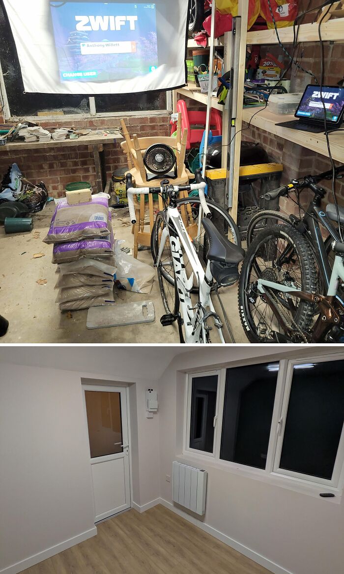 A home renovation project transforming a cluttered garage into a clean, new room.