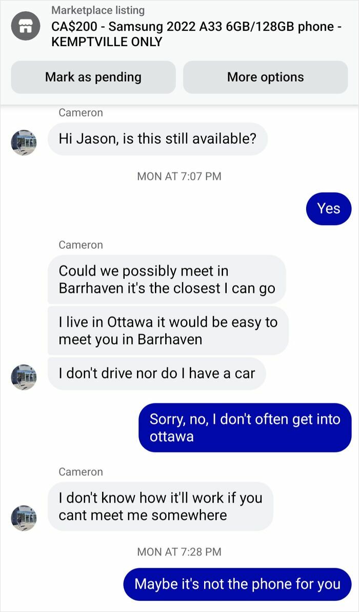 A chat exchange showing an outrageous request from a buyer who can't pick up a Samsung phone.