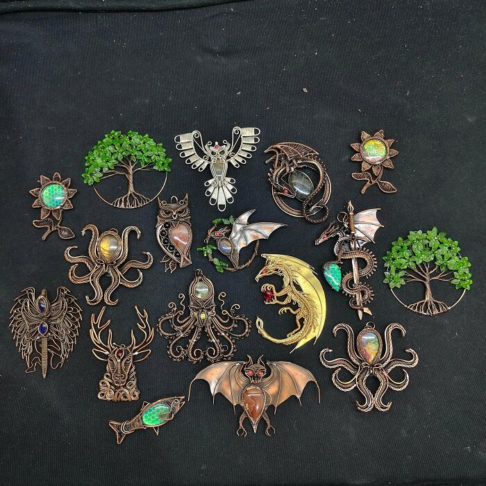 An assortment of intricate wire-wrapped handmade projects, including animals and trees, jaw-dropping in their craftsmanship.