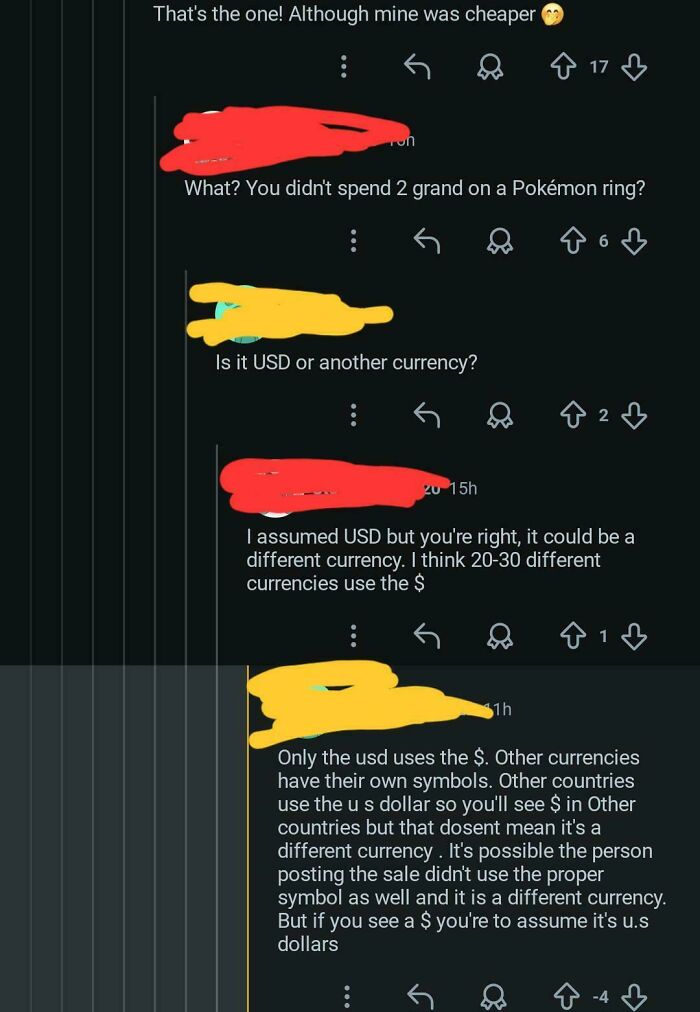 A screenshot showing a cringe conversation about different currencies and the use of the dollar sign.