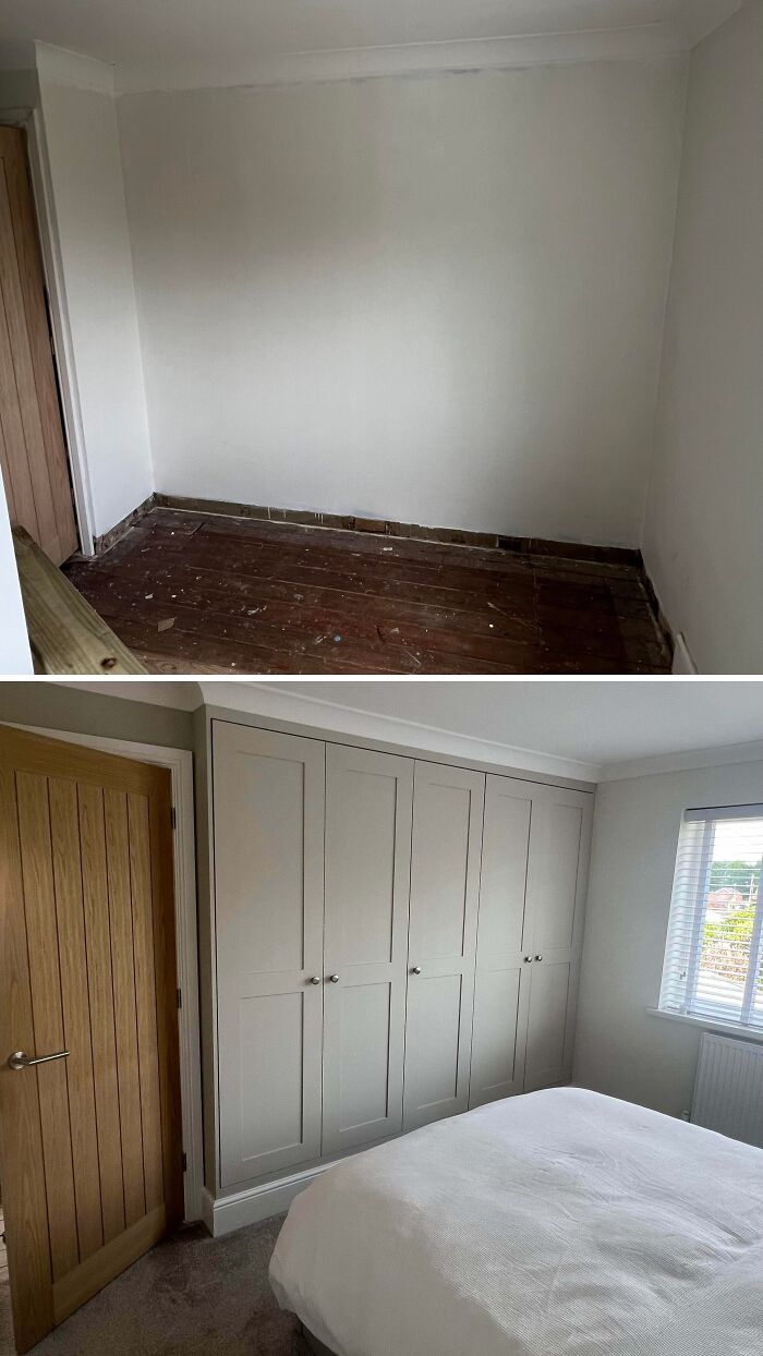 Before and after of a home renovation with custom built-in wardrobes, showcasing amazing things.
