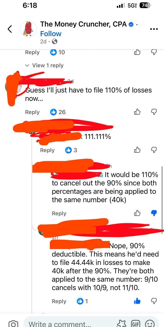 A screenshot showing cringe comments on a post about calculating losses and percentages with full confidence.