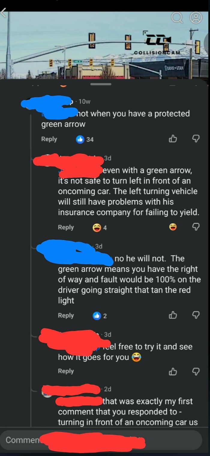 A screenshot of cringe arguments about turning left at a green arrow with full confidence in traffic rules.