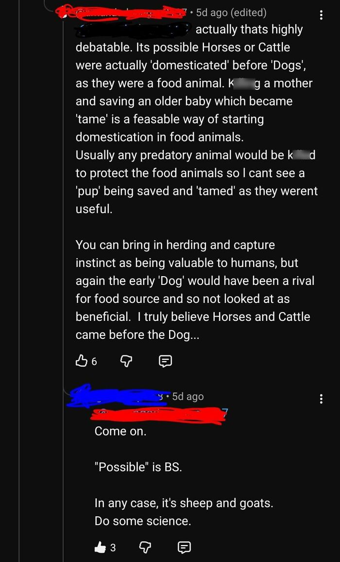 A screenshot displaying cringe comments about the domestication of animals, specifically dogs, horses, and cattle.