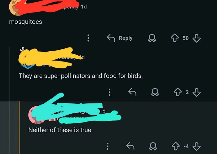 A screenshot of a comment section with people being wrong about mosquitoes being pollinators, a cringe moment.