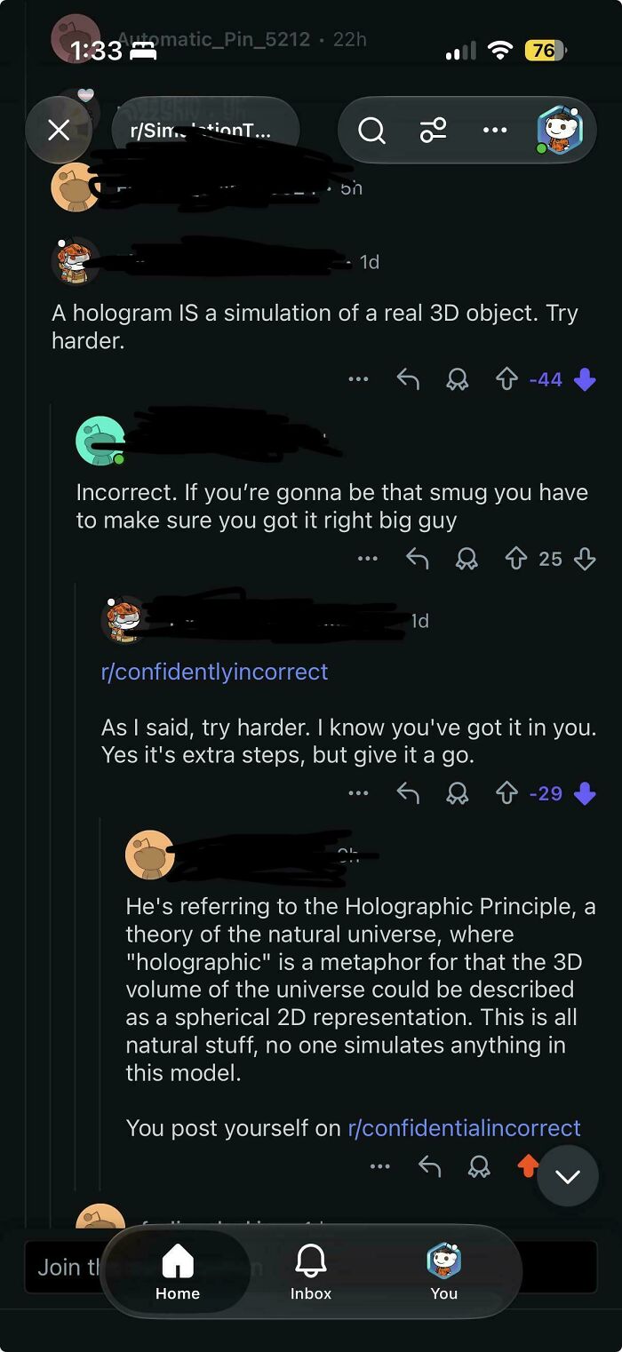 A cringe moment where someone is confidently incorrect about the definition of a hologram in a comment section.