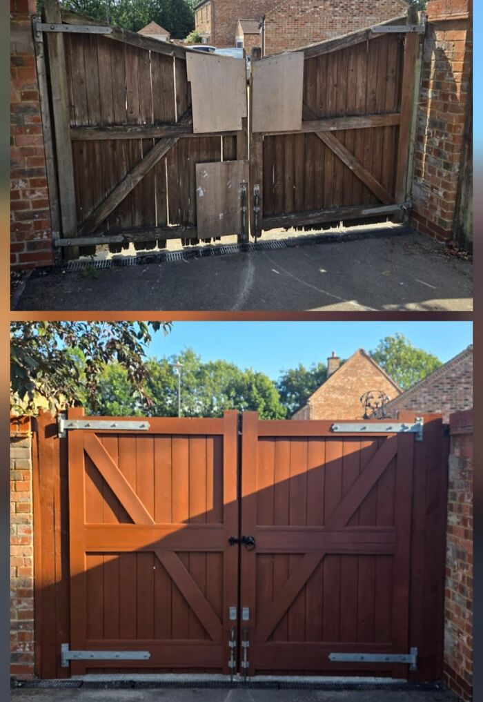 Before and after a wooden gate renovation, illustrating effective home renovation.