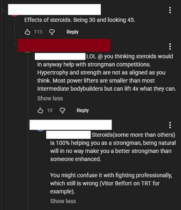 A hilarious comment section debate about steroids and strongmen competitions, showing people being wrong with confidence.