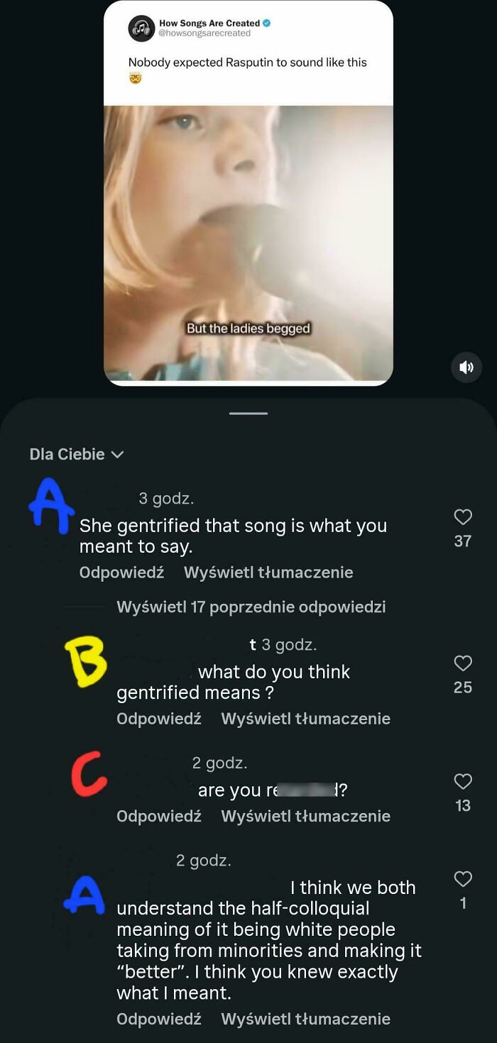 A cringe social media exchange where users are confidently wrong about the meaning of 'gentrified' in a song context.
