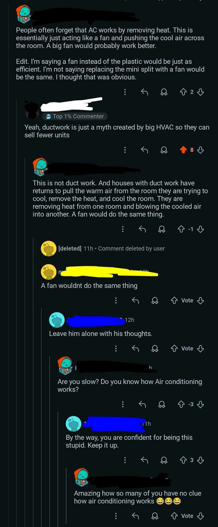 A hilarious moment in a comment section where users are confidently wrong about how AC and ductwork function.
