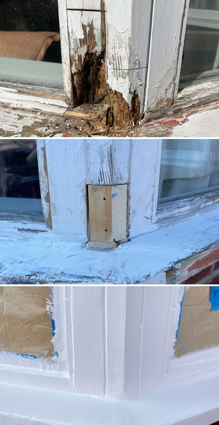 Detailed stages of a window frame repair, a part of extensive home renovation.