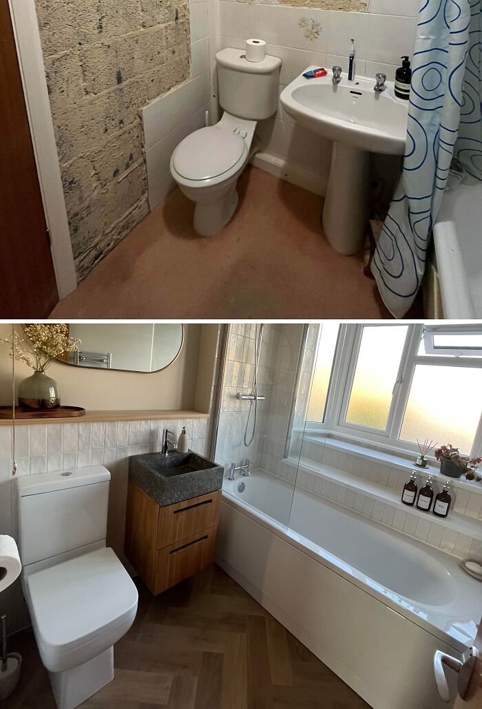 Before and after bathroom home renovation, updating an old bathroom into a modern, tiled space with new fixtures.