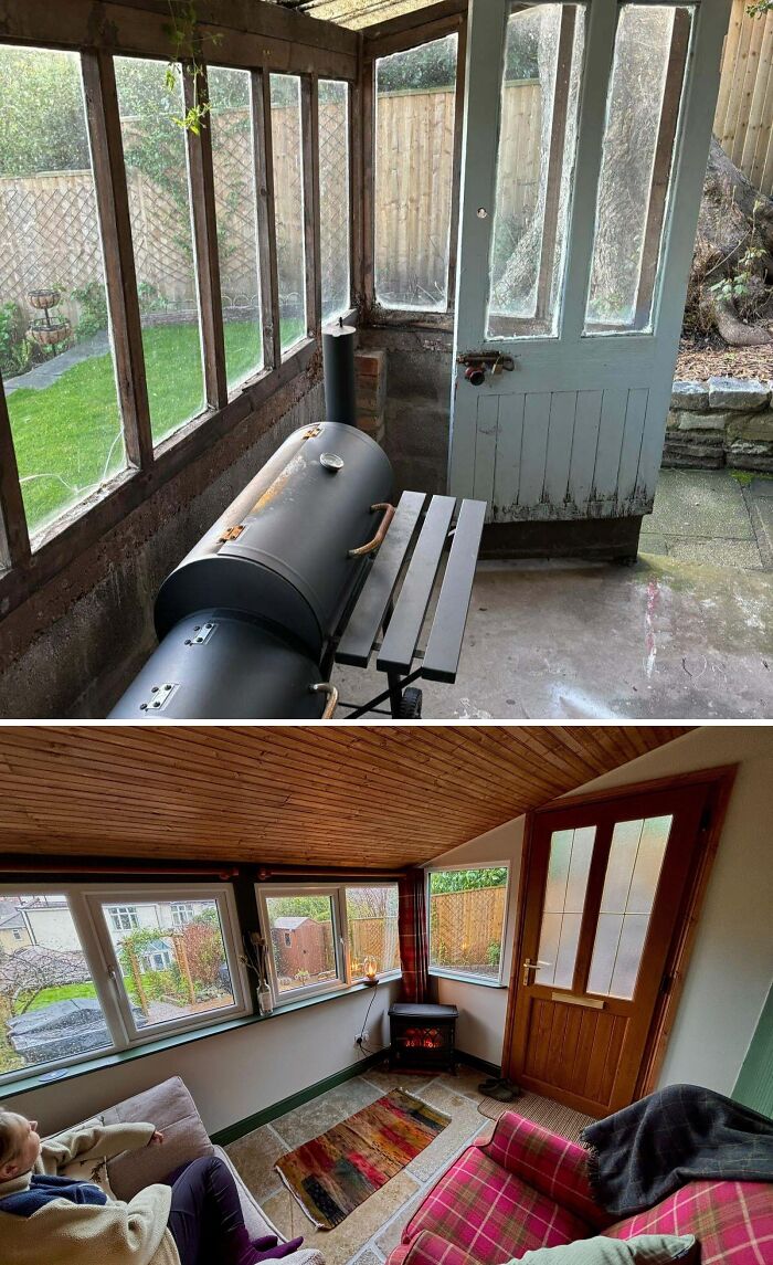 Before and after shot of an old sunroom transformed into a cozy living space, showcasing home renovation.