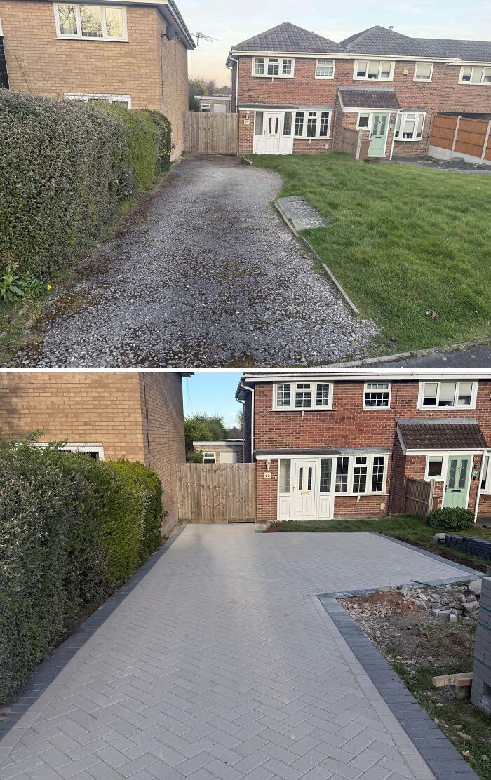 Before and after of a home renovation featuring a newly paved driveway, showcasing amazing things.
