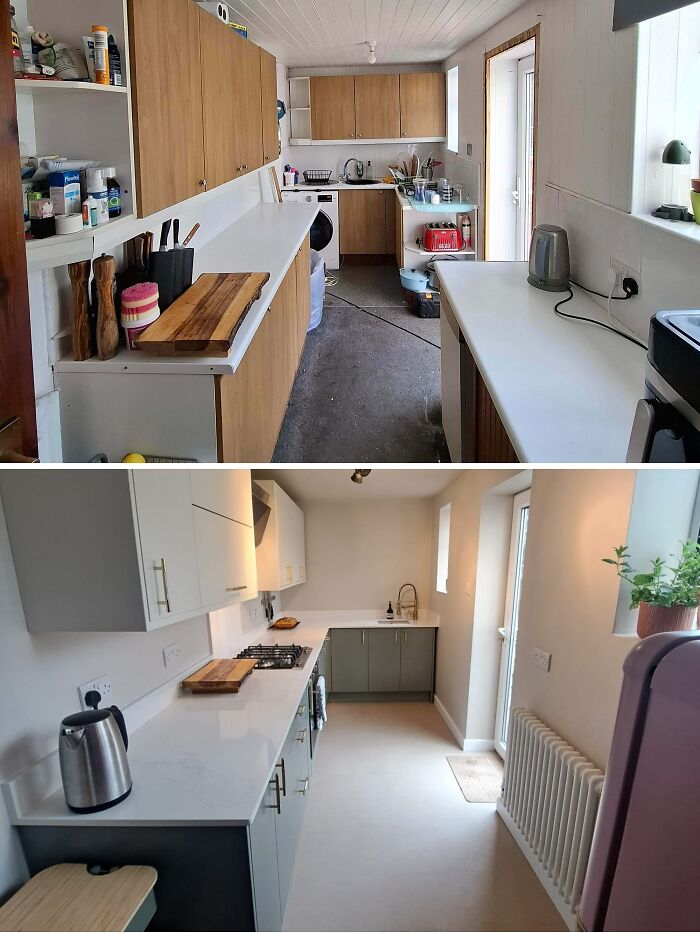A kitchen before and after shot, showing a complete transformation as part of a home renovation.