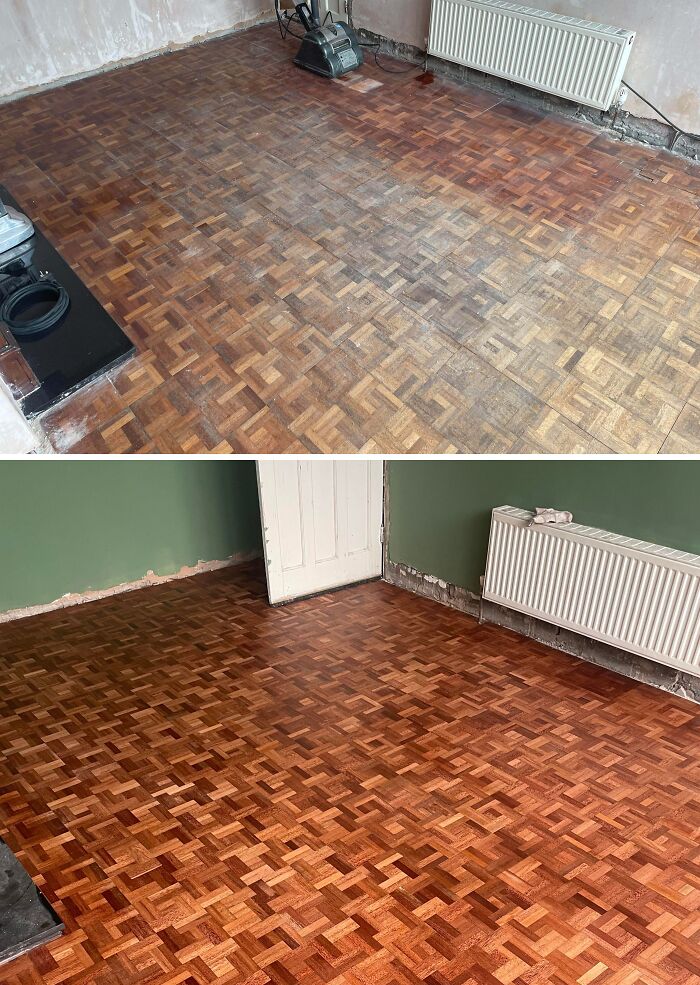 Before and after of a home renovation featuring parquet flooring restoration, showcasing amazing things.