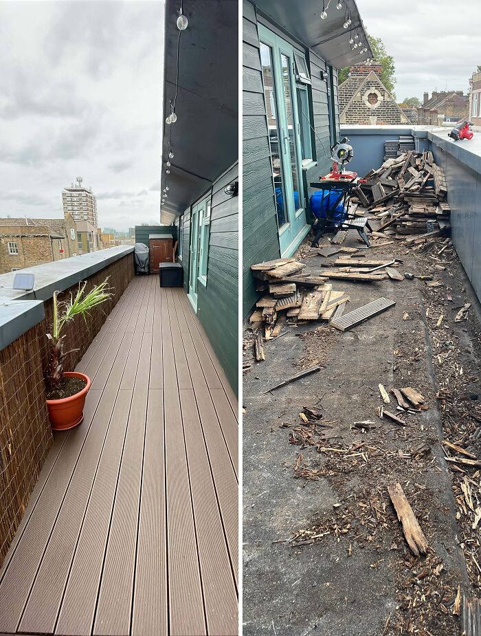 Before and after home renovation of a roof deck, transforming a messy area into a stylish, decked outdoor space.
