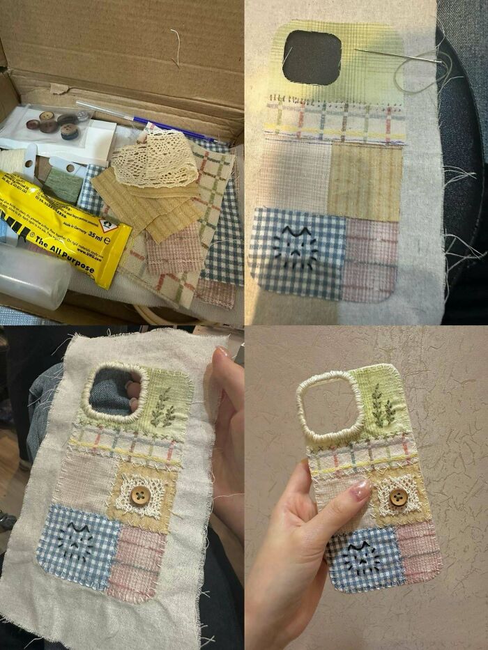 Collage of handmade projects showing the creation of a patchwork phone case with embroidered details and buttons.