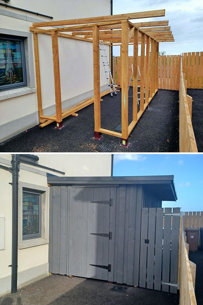 Before and after outdoor home renovation, building a wooden structure and turning it into a garden shed.