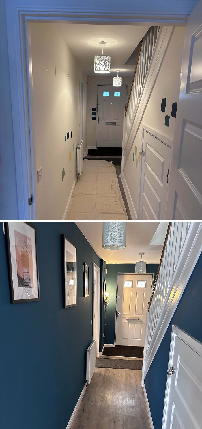 Before and after home renovation of a hallway, transforming it with dark blue walls and new decor.