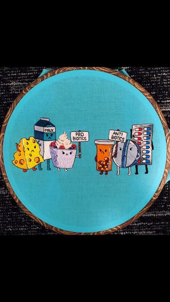An embroidered handmade project showcasing probiotics and antibiotics as cartoon characters, a fun example of handmade projects.