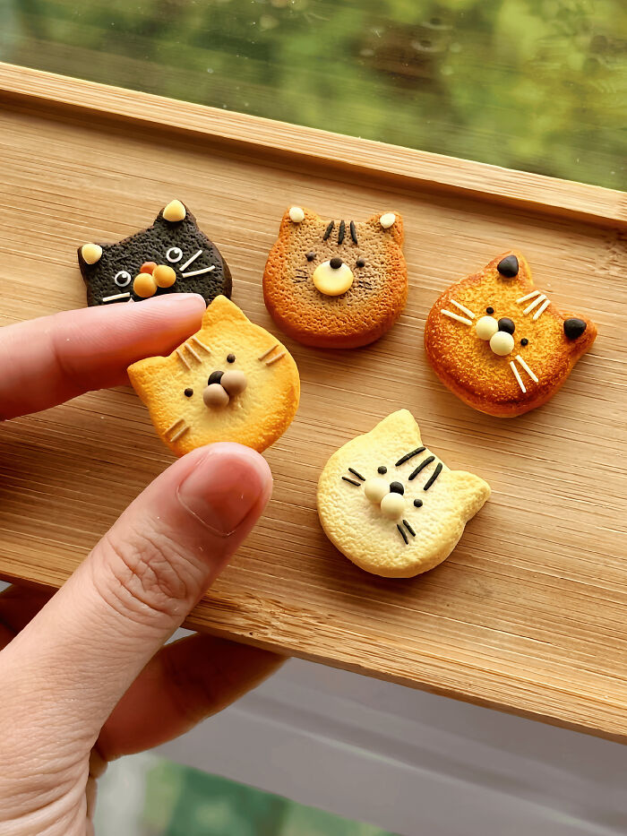 A hand holds a handmade cat-shaped cookie, with more handmade cat cookies on a wooden tray, showing creative projects.