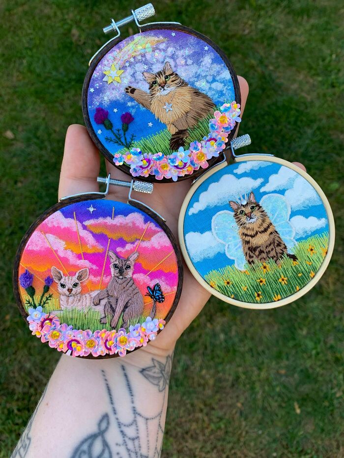 Three unique handmade projects featuring embroidered cats in hoop art, a perfect example of creative handmade projects.