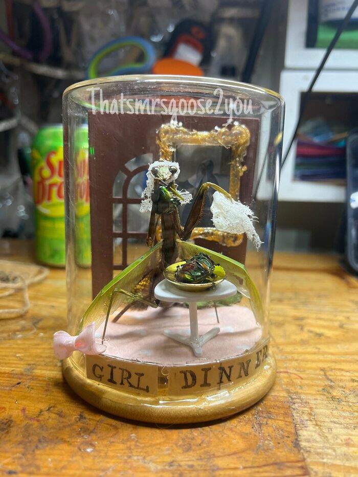 Creative handmade projects: a praying mantis diorama dressed as a bride, seated at a tiny table with food, in a glass dome.