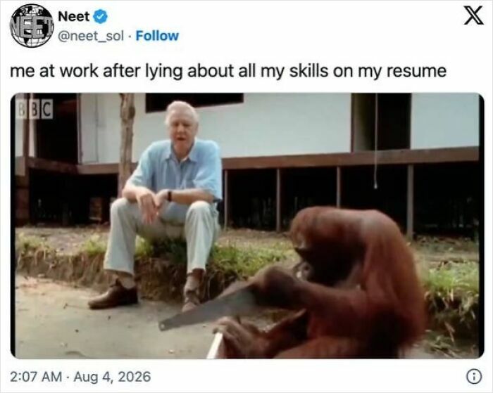 A humorous image of a man watching an orangutan using a saw, captioned about lying on a resume for a job.