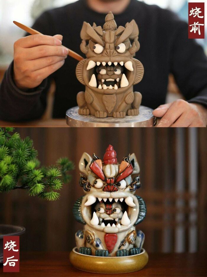 Intricate handmade projects: a ceramic monster sculpture before and after firing, showcasing detailed craftsmanship and design.