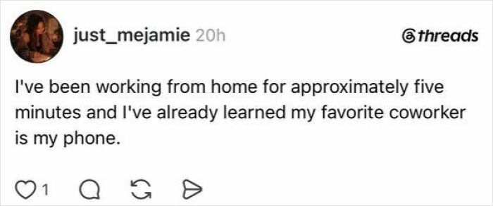 A social media post about having a job, humorously noting a phone as a favorite coworker when working from home.