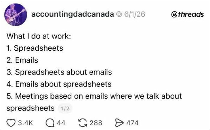 A social media post humorously outlining the repetitive tasks associated with having a job: spreadsheets, emails, and meetings.