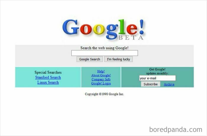 Screenshot of the Google Beta homepage from 1998, illustrating the old internet's early search engines.