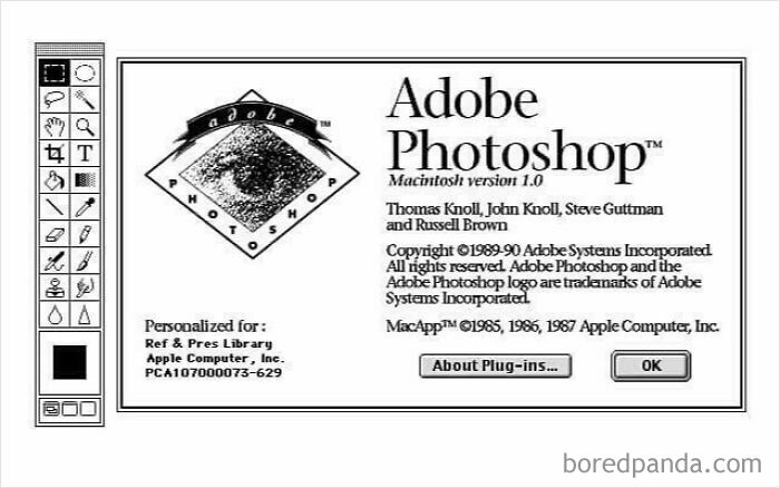 A black and white screenshot of Adobe Photoshop version 1.0, highlighting the chaotic old internet software.