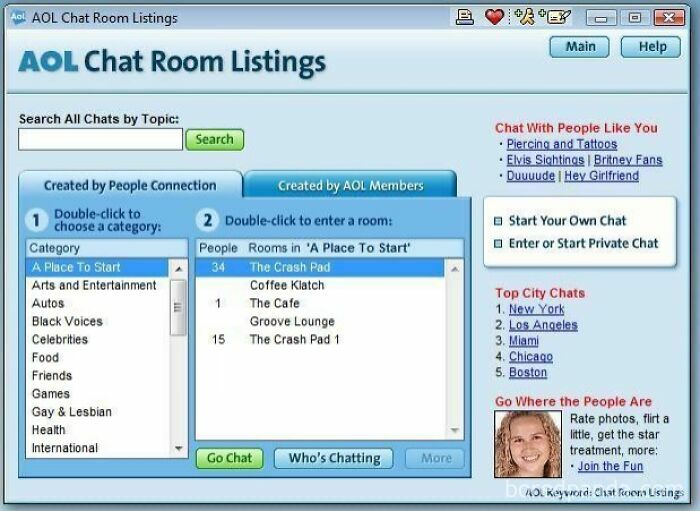 An image showing AOL Chat Room Listings, representing the chaotic old internet that today's kids can't comprehend.