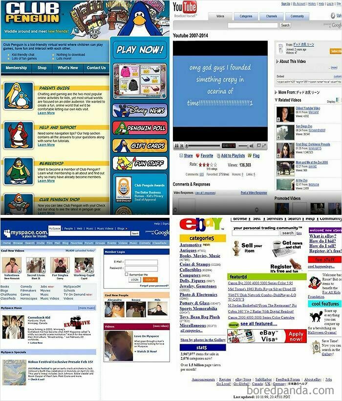 Collage of old internet websites like Club Penguin, YouTube, MySpace, and eBay, showcasing their chaotic designs.