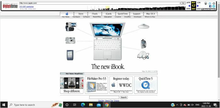 Screenshot of Apple homepage with the new iBook, showcasing the old internet's design.