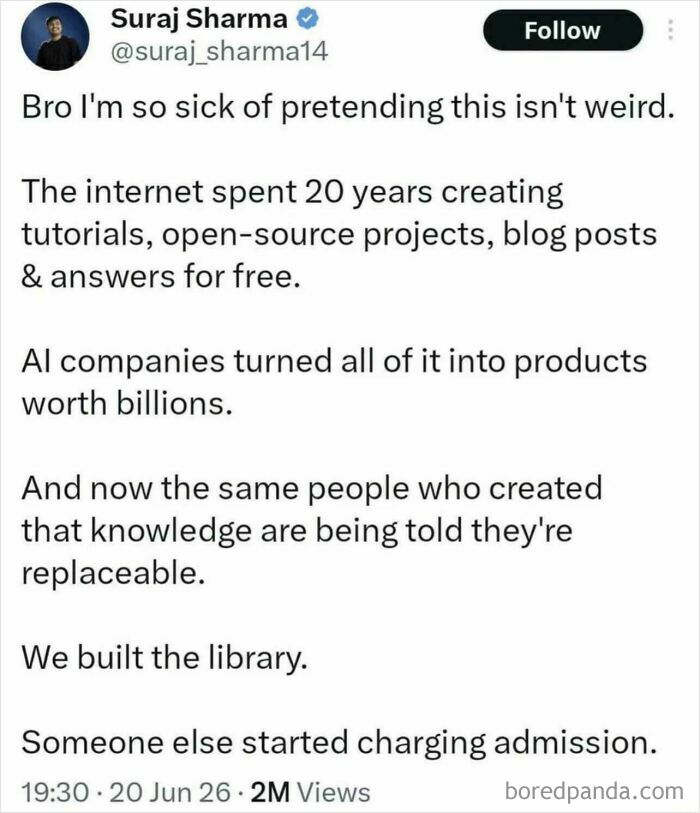 A screenshot of a tweet by Suraj Sharma, discussing the old internet's free content and AI companies turning it into products.