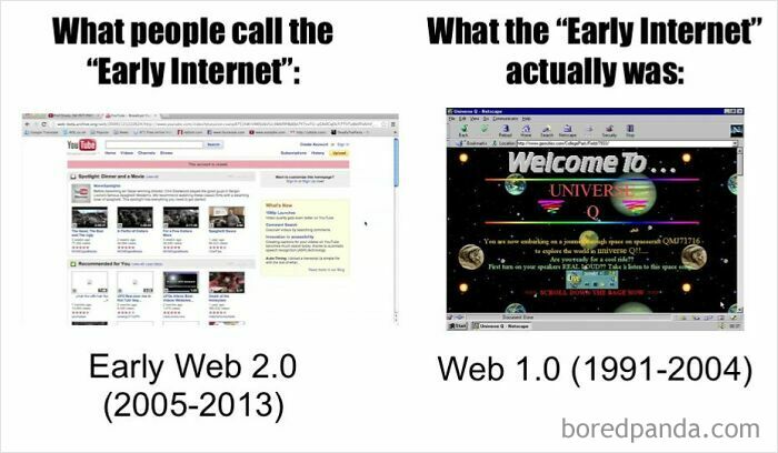 A split image contrasting the modern concept of early internet (Youtube) with the actual old internet (Web 1.0).