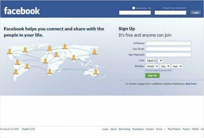 A clean screenshot of the Facebook login and signup page from the old internet, showing a world map with connected users.
