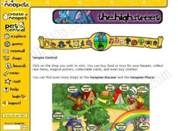An image of the Neopets website from the old internet, displaying its unique, chaotic design and features.