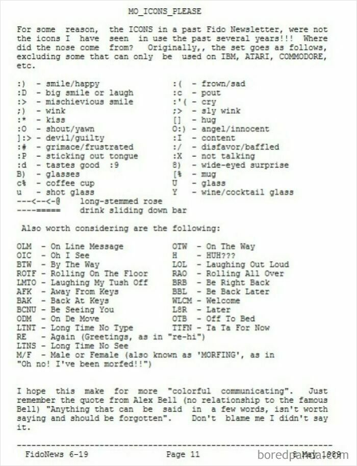 A nostalgic image of old internet text-based emoticons and abbreviations from a Fido Newsletter for online communication.