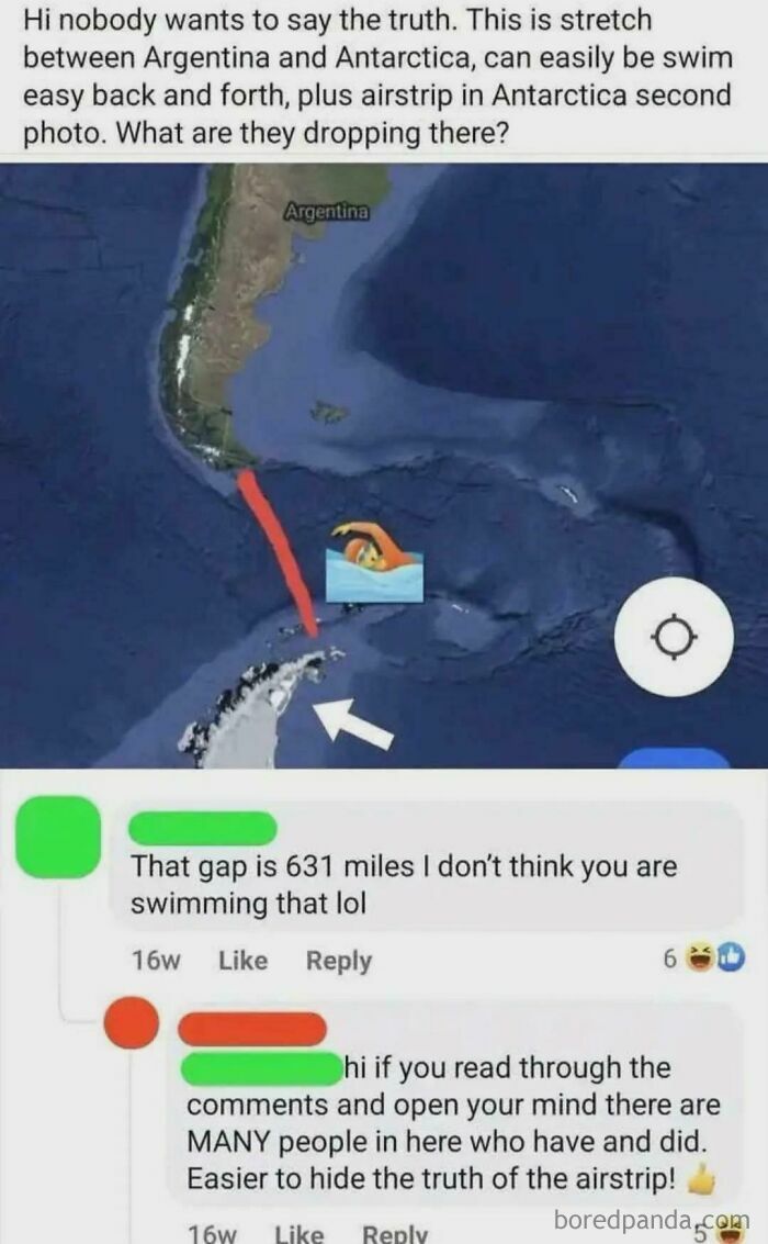 A cringe moment from people being wrong, believing one can easily swim between Argentina and Antarctica.