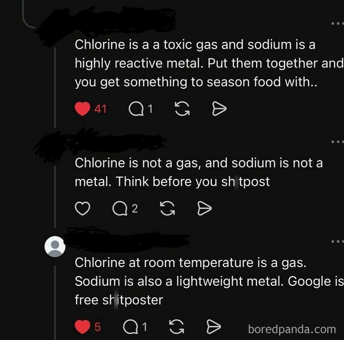 Online comments demonstrating cringe and hilarious moments of people being wrong about chlorine and sodium.