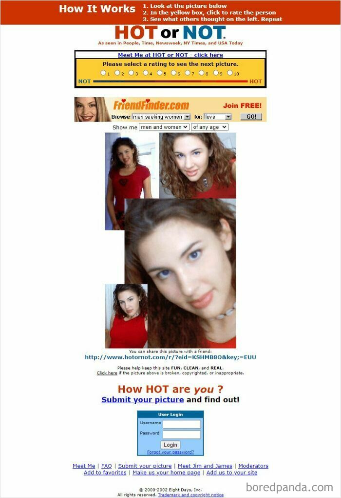 Screenshot of the Old Internet dating site, Hot or Not, showcasing early web design and user interaction.