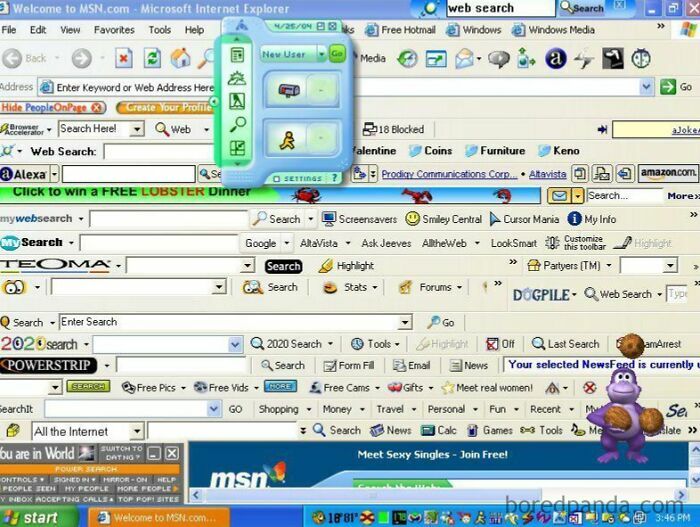 A chaotic screenshot of the Old Internet era desktop with numerous toolbars and search bars in Microsoft Internet Explorer.