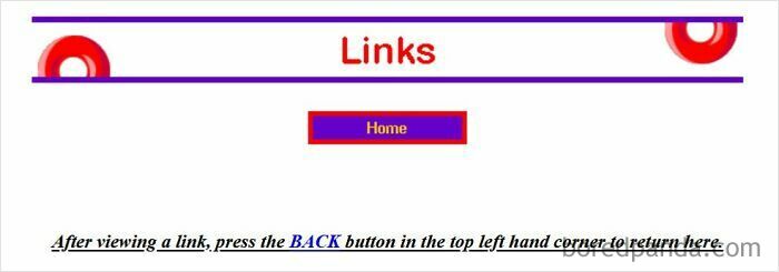 A minimalistic webpage with a 'Links' title and a 'Home' button, characteristic of the old Internet aesthetic. Kids can't comprehend it.